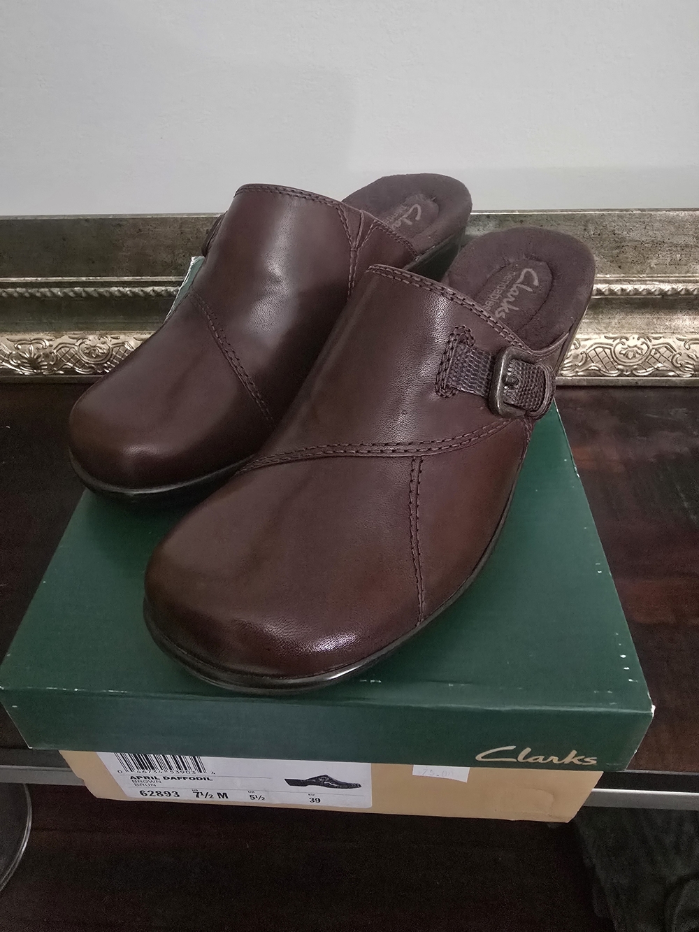 Clarks Women's Dark Brown Leather Slip-On Clogs with Side Buckle